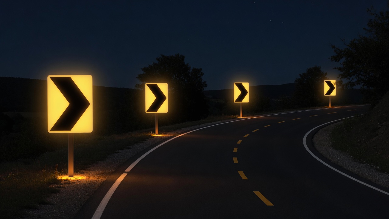 Illuminated chevron signs on highway curve